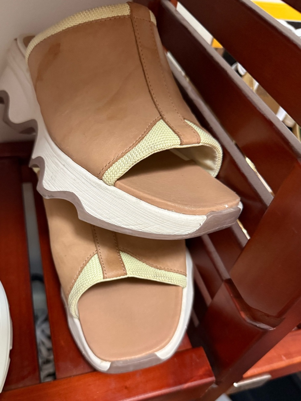 Sorel Tan and Lime Green Platform Slide Mules